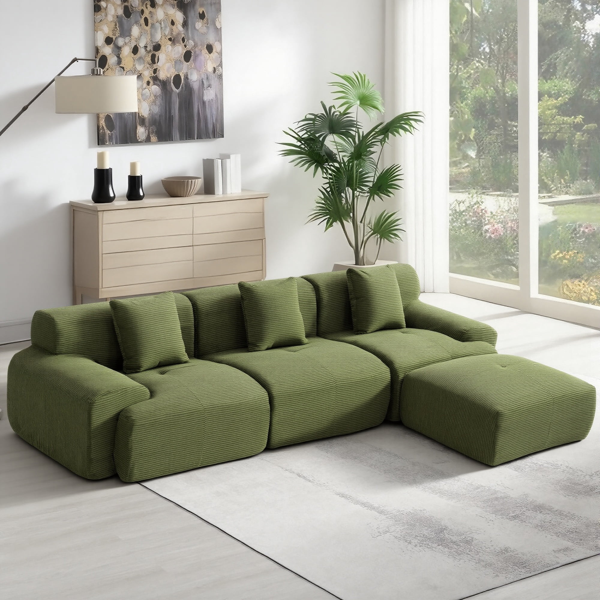 GAOHAPY 107"Modern L Shaped Modular Sectional Sofa, Oversized Corduroy Couch Deep Seat, Boneless Cloud Couch with Ottoman, 30D Sponge for Indoor Living Room, No Assembly Required(Green)