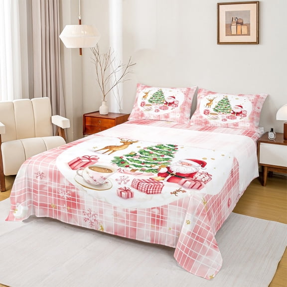 Castle Fairy Children Kids Santa Claus Deer Boy Girl 3Pcs Twin Sheet Sets,Christmas Tree Twin Fitted Sheet,Geometric Plaid Breathable Flat Sheet,Microfiber Bedroom Decor