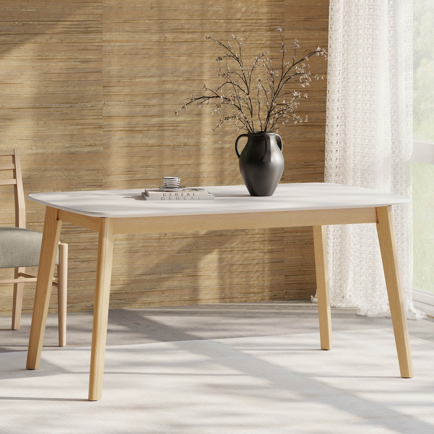 Lisonu 59-inch Mid-Century Modern Dining Table, Kitchen Table with Splayed Rubberwood Legs and Faux Wood Top, Rectangular Table for Dining Room, Natural and White