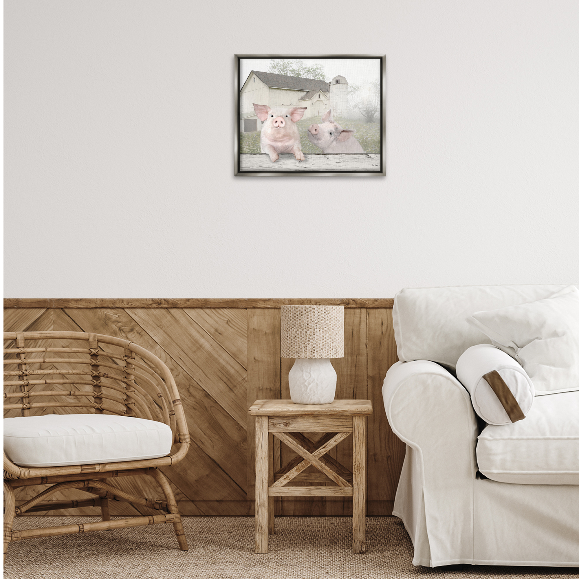 Stupell Industries Piglets Farm Scenery Animals & Insects Painting Gray Floater Framed Canvas Art Print Wall Art, 21 x 17