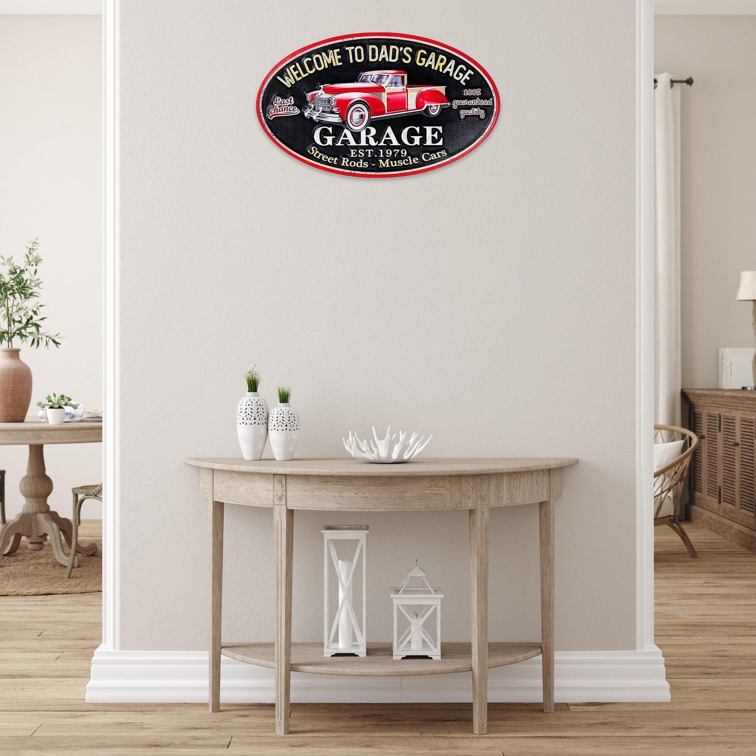 IH Casa Decor Embossed Oval Metal Sign Welcome To Dad'S Garage