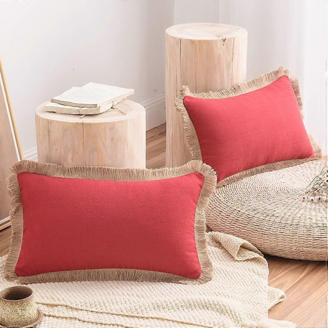 Paquete de 2 fundas de cojín de lino y algodón con flecos, estilo rústico, para sofá, cama o coche (rojo, 30 x 50 cm)