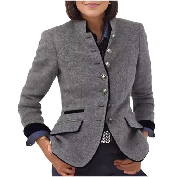 successthop Velour Jacket Women Fleece Long Sleeve Collared Jacket Button Up Coat Plus Size Winter Business Outwear Gray