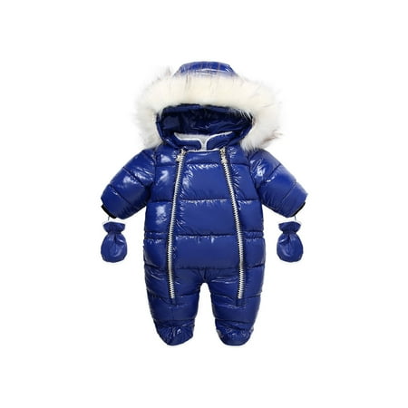 

GuliriFei Baby Infant Winter Plush Fur Collar Hooded Romper Parkas Solid Color Double Zipper Jumpsuit with Foot Covers Gloves