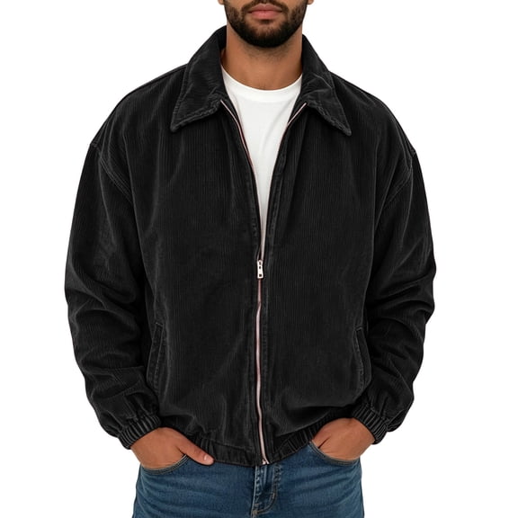 qelini Long Sleeve Jacket Men Plus Size Corduroy Zipper Collared Jacket Solid Color Everyday Outerwear