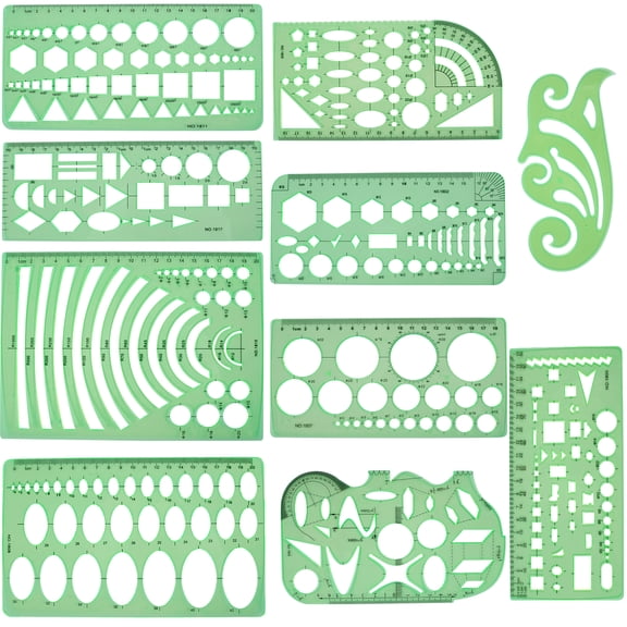 Evjurcn 11Pcs Geometric Drawings Templates Plastic Measuring Templates Professional Geometry Stencils Reusable Drafting Stencils Measuring Tools Building Geometric Kit for Office School