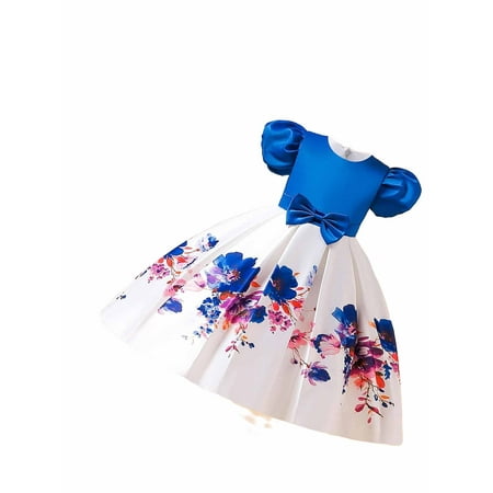 

Party Floral Round Neck Fit and Flare Short Sleeve Blue and White Toddler Girls Partywear (Girl s)