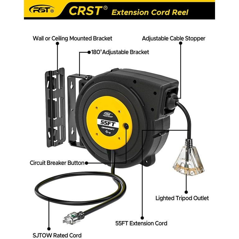 CRST Extension Cord Reel , 55feet Retractable Extension Cord with Reset  Push Button, Lighted Triple Outlet, Adjustable Stopper, and Mounting Kit 