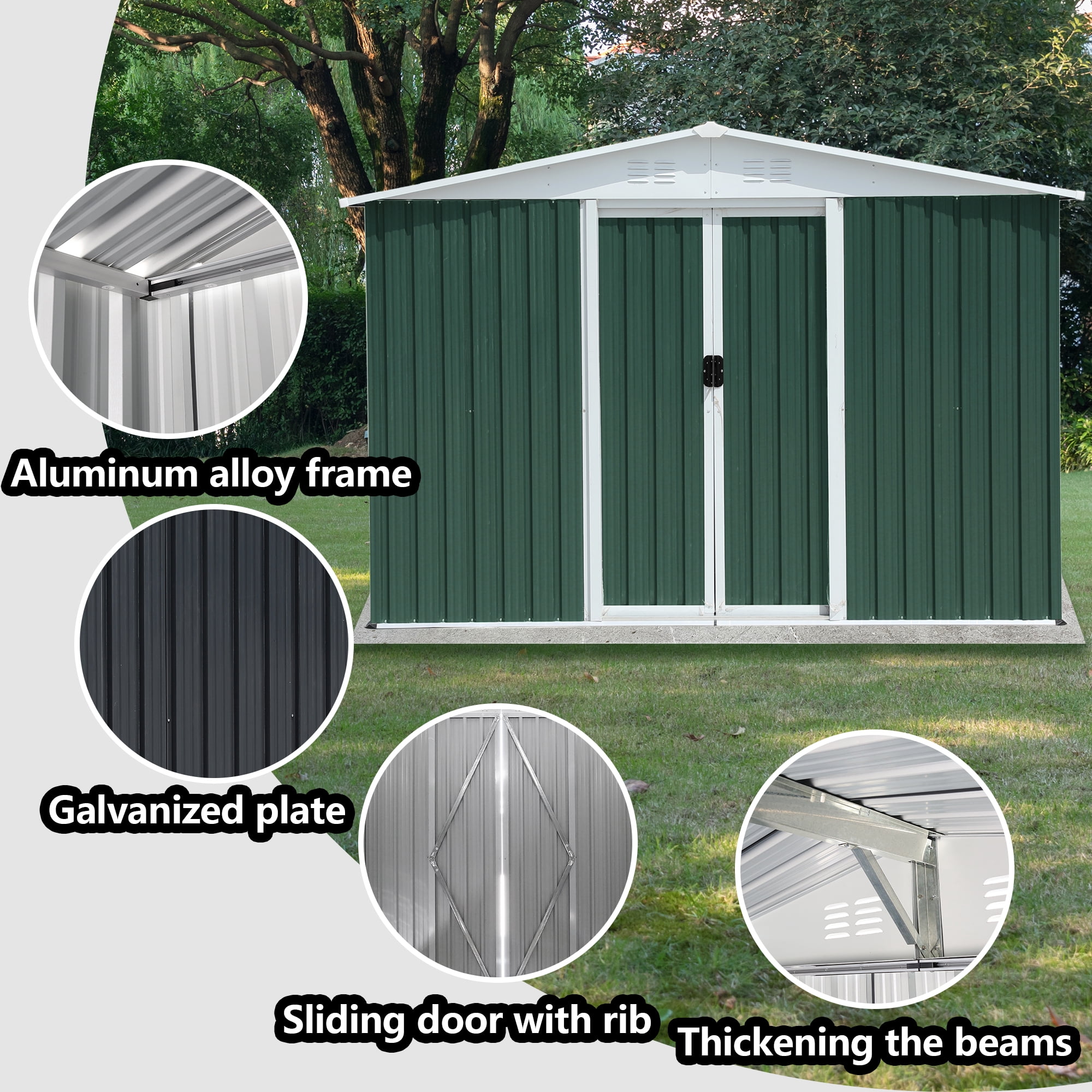 Mintazer 8x6 ft Apex Roof Outdoor Metal Storage Shed with & Lockable Sliding Double Doors, Ventilated Galvanized Steel Garden Tool Storage House for Backyard Patio Lawn, Green