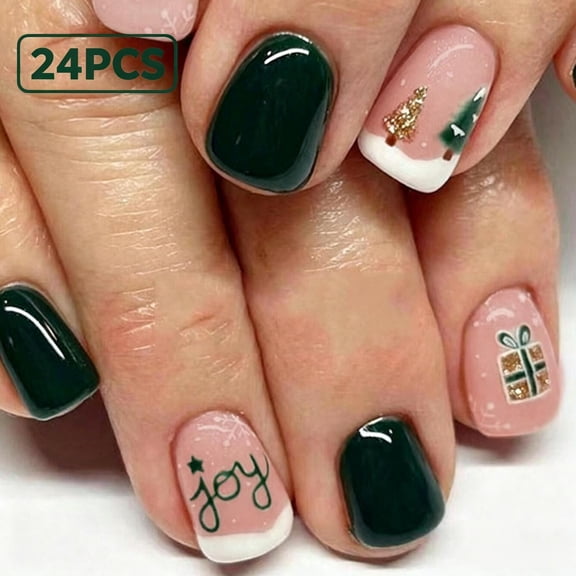 24PCS Short Round Press On Nails, White Snowy French Tip Full Cover Acrylic Fake Nails Reusable Glue On False Nail Tips for Christmas Holiday Sweet Women Nail Art Decoration