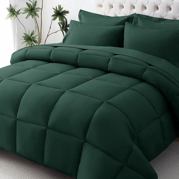 Cooling Comforter Twin Size, Down Alternative Duvet Insert with Corner Tabs, All Season Soft Quilted Bed Comforter, Lightweight Bedding for Women & Men, Dark Green