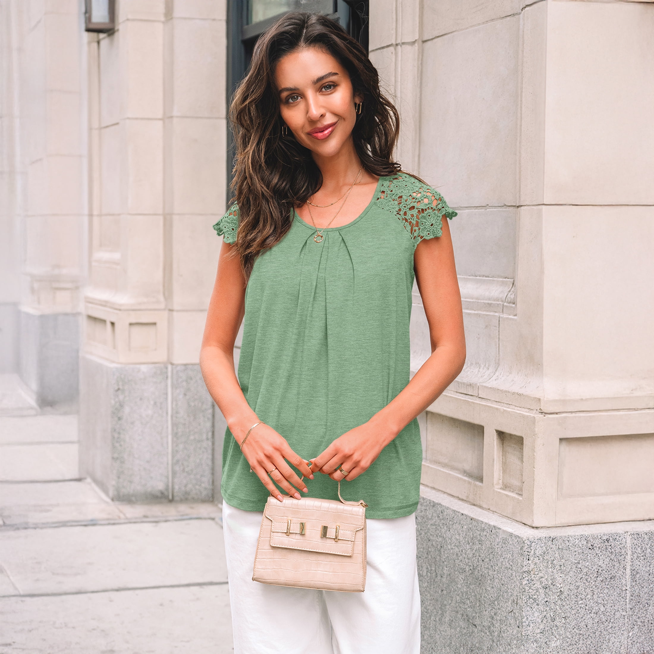 SUNBS Blouses for Women Lace Tops Pleated Short Sleeve Shirts Summer Business Casual Dressy Clothes