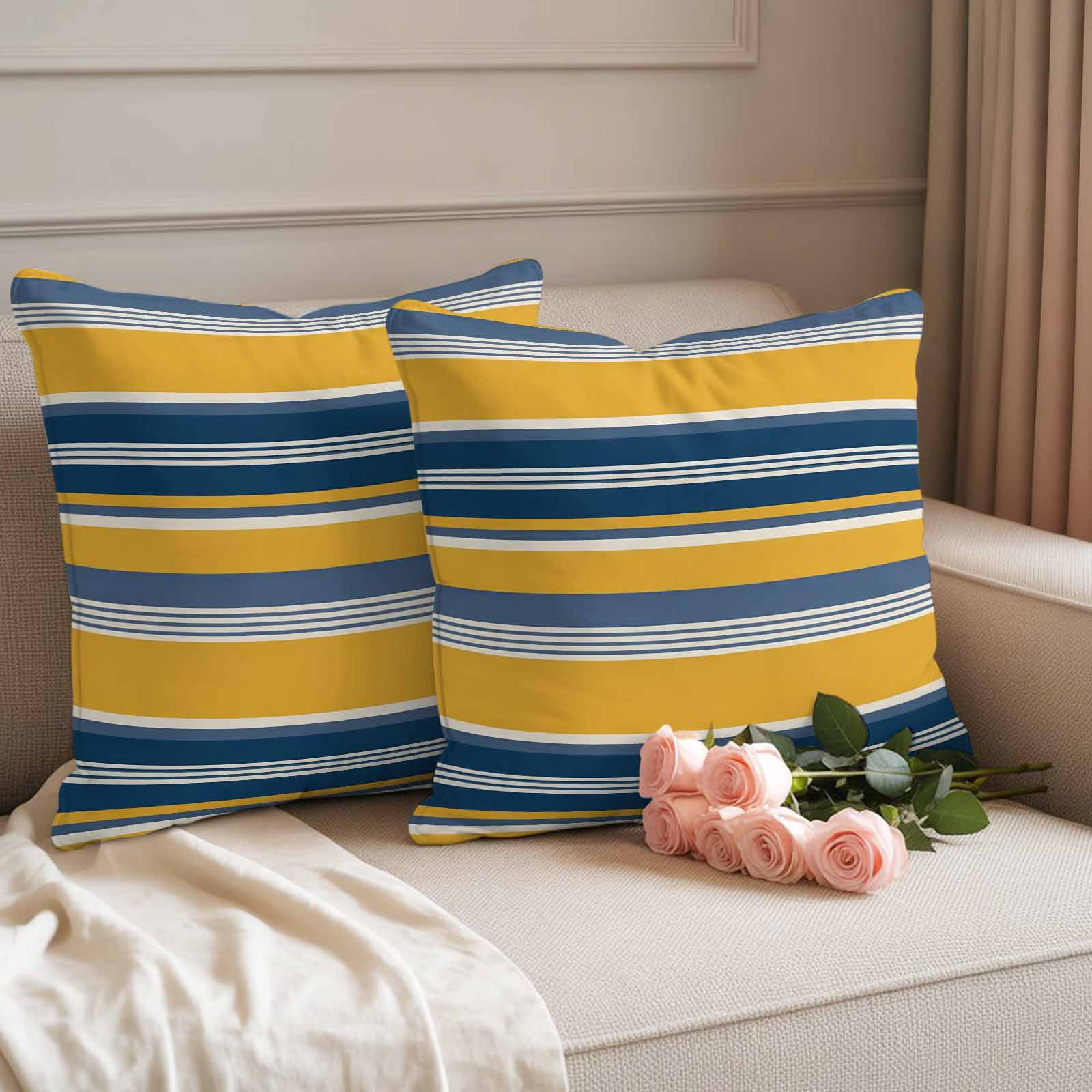 Yellow Blue Striped Outdoor Waterproof Pillow Covers, Farmhouse Vintage Stripe Decorative Square Throw Pillowcase Sofa Cushion Sham for Patio/Couch/Chair, 20"x20" 2 Pack