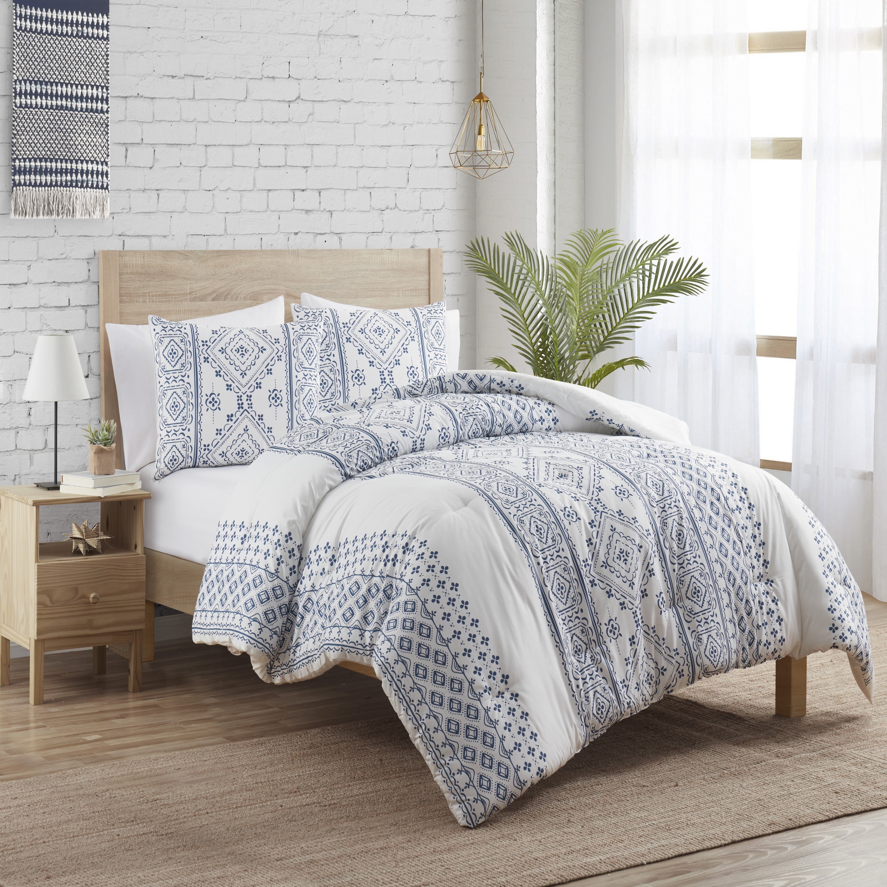 Indigo Ink Denim 3-Piece Navy Geometric Stripe Comforter Set, Full/Queen