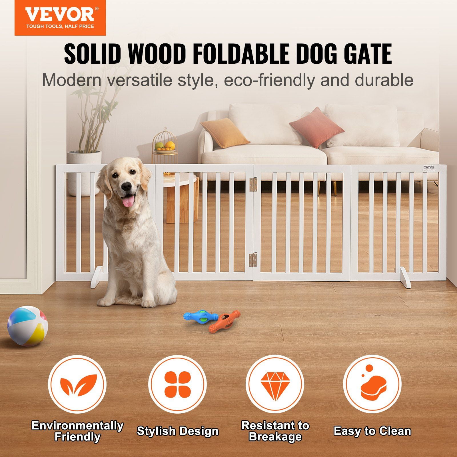 Freestanding Pet Barrier 4 Panel Folding Dog Gate Expandable to 80.3 Inches 24 Inch Height Quiet Foot Supported Indoor Dog Fence White