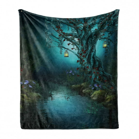 Night Ocean Soft Flannel Fleece Throw Blanket, Digitally Generated Forest Illustration Print, Cozy Plush for Indoor and Outdoor Use, 70" x 90", Multicolor, by Ambesonne