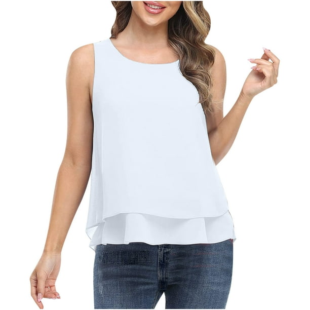 Summer Tank Tops for Women Crew Neck Double Layer Sleeveless Chiffon Shirts  Casual Comfy Flowy Going out Blouse Vest 