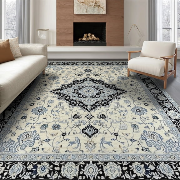ODIKA 8'x10' Washable Area Rug Non-Slip Chair-Friendly Mat Oushak Medallion With Vintage Floral Scrollwork Ornamental Border for Dining Room, Large Office, Lounge