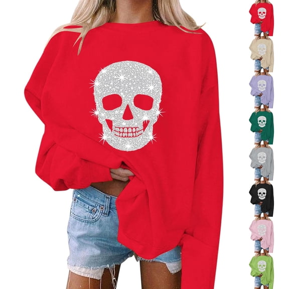 Wiyuqeen Spooky Season Womens Sweatshirts Halloween Fall Sweat Shirts Long Sleeve Crew Neck Thin Fleece Graphic Pullover Holiday Party Outfits S-XXL