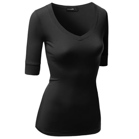 - FashionOutfit Women's Basic Solid Arm Sleeve V Neck T-shirt Tops
