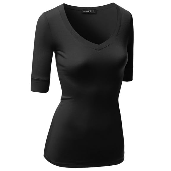 FashionOutfit Women's Basic Solid Arm Sleeve V Neck T-shirt Tops