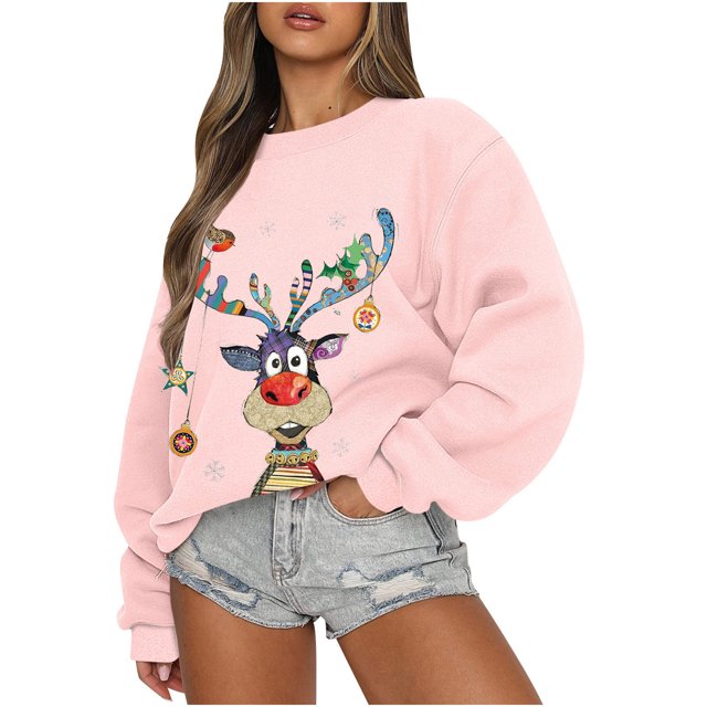Chandail à Capuchon Chandail de Noël Mode Décontractée pour Femmes Manches Longues Col Rond Imprimé Chandail en Molleton pour Dames Hauts Blouse Chandail en Molleton pour Filles en Liquidation