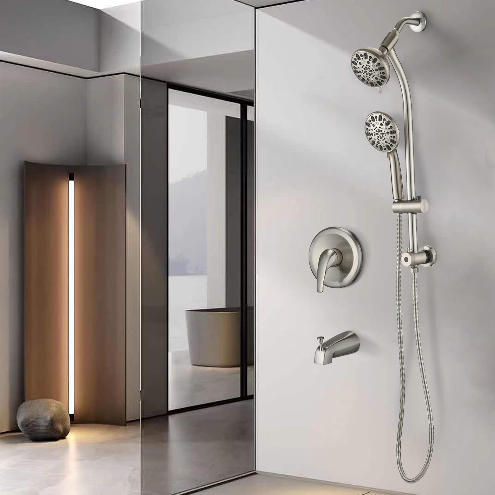 Freestanding Tub Faucet Replacement Drill-Free Stainless Steel Slide Bar Combo Rain Showerhead 7-Setting Hand, Dual Shower Head Spa System with Tup Spout (Rough-in Valve Included),Freestanding Tub Fa