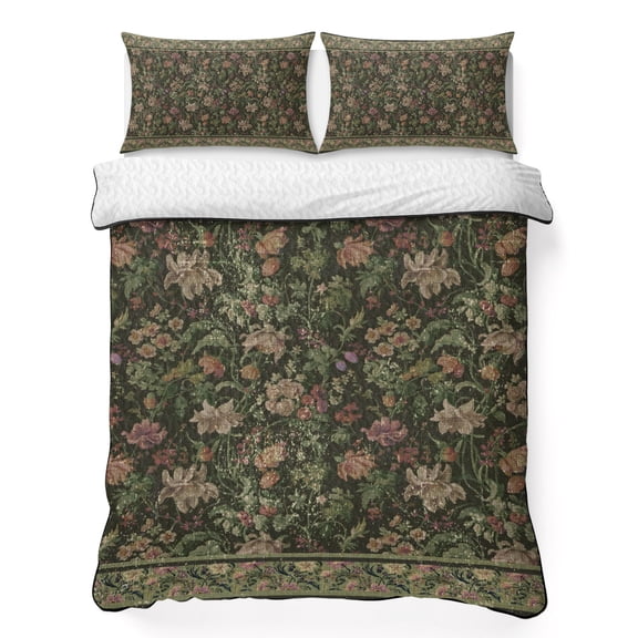 King Quilt Bedding Set Retro Flower Botanical on Green Summer Quilt Lightweight Quilted Coverlet with 2 Pillow Shams, Vintage Ethnic Style 3-Piece Bedspread Quilt Set for All Season