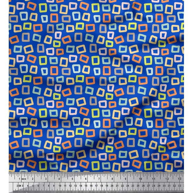 Soimoi Blue Heavy Canvas Fabric Square Geometric Print Fabric by the Yard 58 Inch Wide