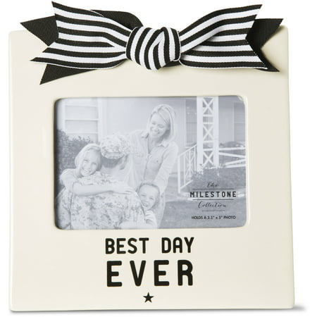 The Milestone Collection - Best Day Ever 3.5x5 Wedding/Vacation Cream Horizonal Picture Frame with Bow and