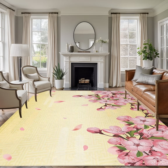 Rectangle Area Rug 5x7ft,Japanese Pink Cherry Blossoms Living Room Rug Non-Slip Washable Circle Rugs Pad,Yellow Background Soft Floor Carpet for Bedroom Dining Room