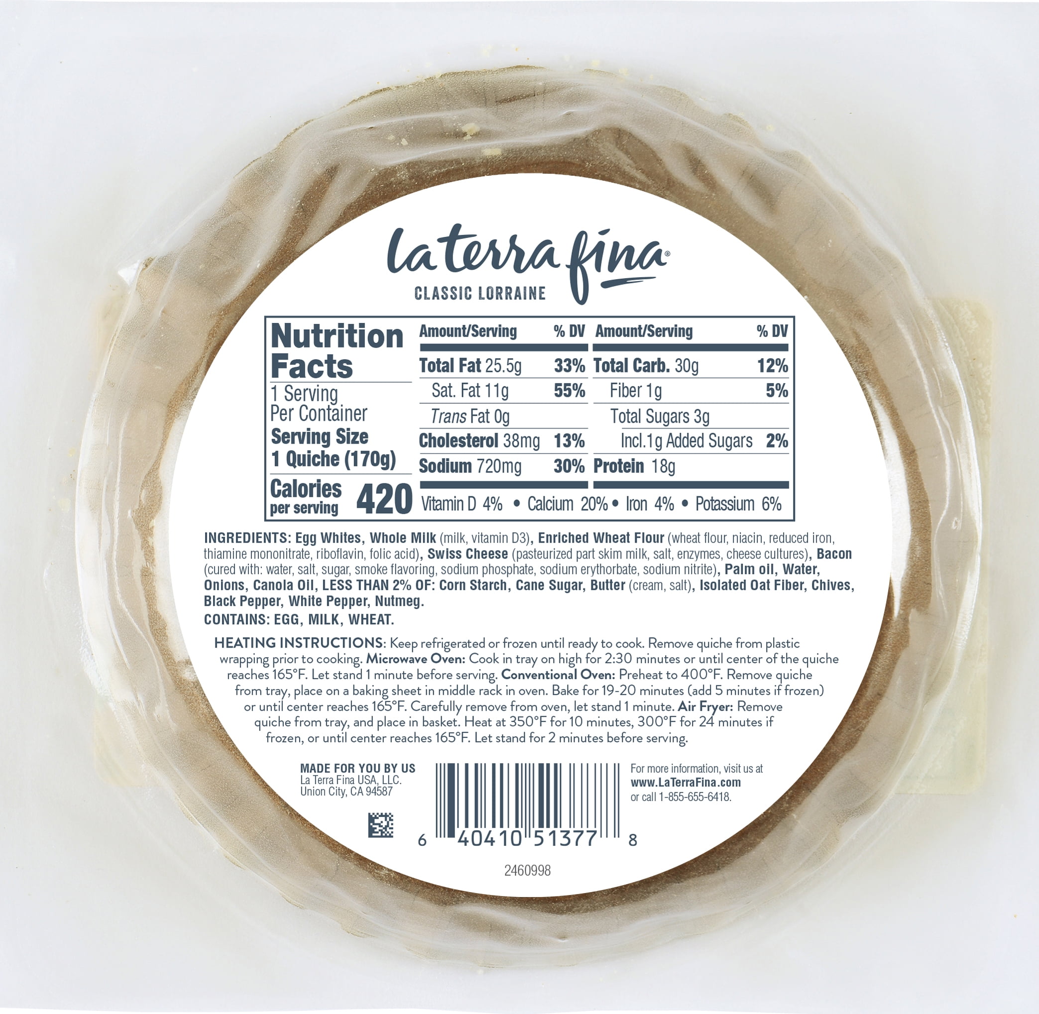 La Terra Fina Lorraine Quiche with Bacon & Swiss Cheese – 6 oz, Frozen Tray, Made with Egg White