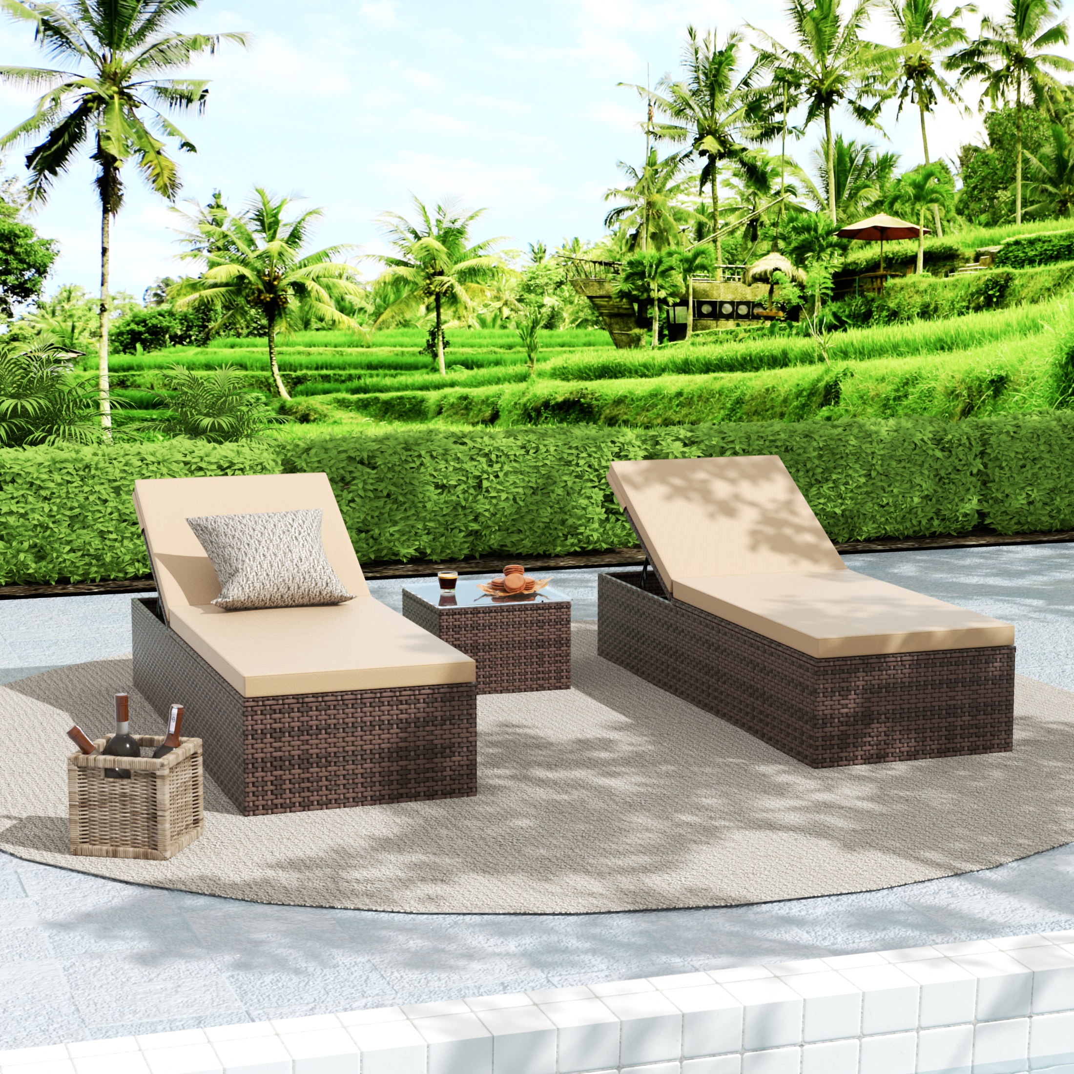 WestinTrends Muriel Wicker Chaise Lounge Outdoor, All Weather 3 Pieces Rattan Patio Pool Lounge Chairs Set of 2 and Tempered Glass Side Table, Beige Cushion - image 2 of 7