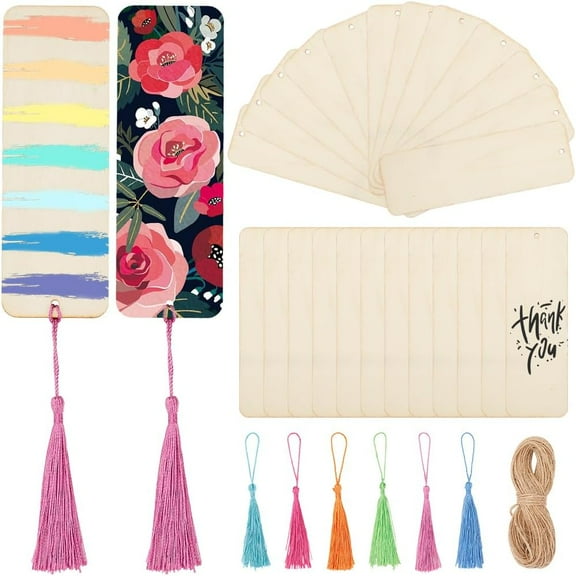 DIY Bookmarks Making Kits Including Unfinished Wood Big Pendants Polyester Tassel Decorations Jute Cord Mixed Color 150x49.5x1.5mm Hole: 3.5mm