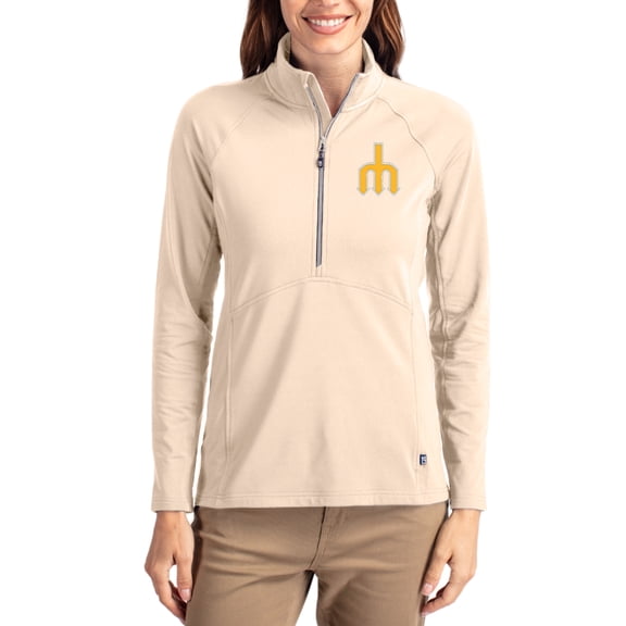 Women's Cutter & Buck Tan Seattle Mariners Cooperstown Collection Adapt Eco Knit Stretch Half-Zip Pullover