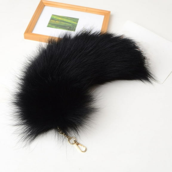 Faux Fur Tail Keychain Fluffy Decorative Bag Charm Artisan Costume Accessory with Metal Ring 15Inch Black
