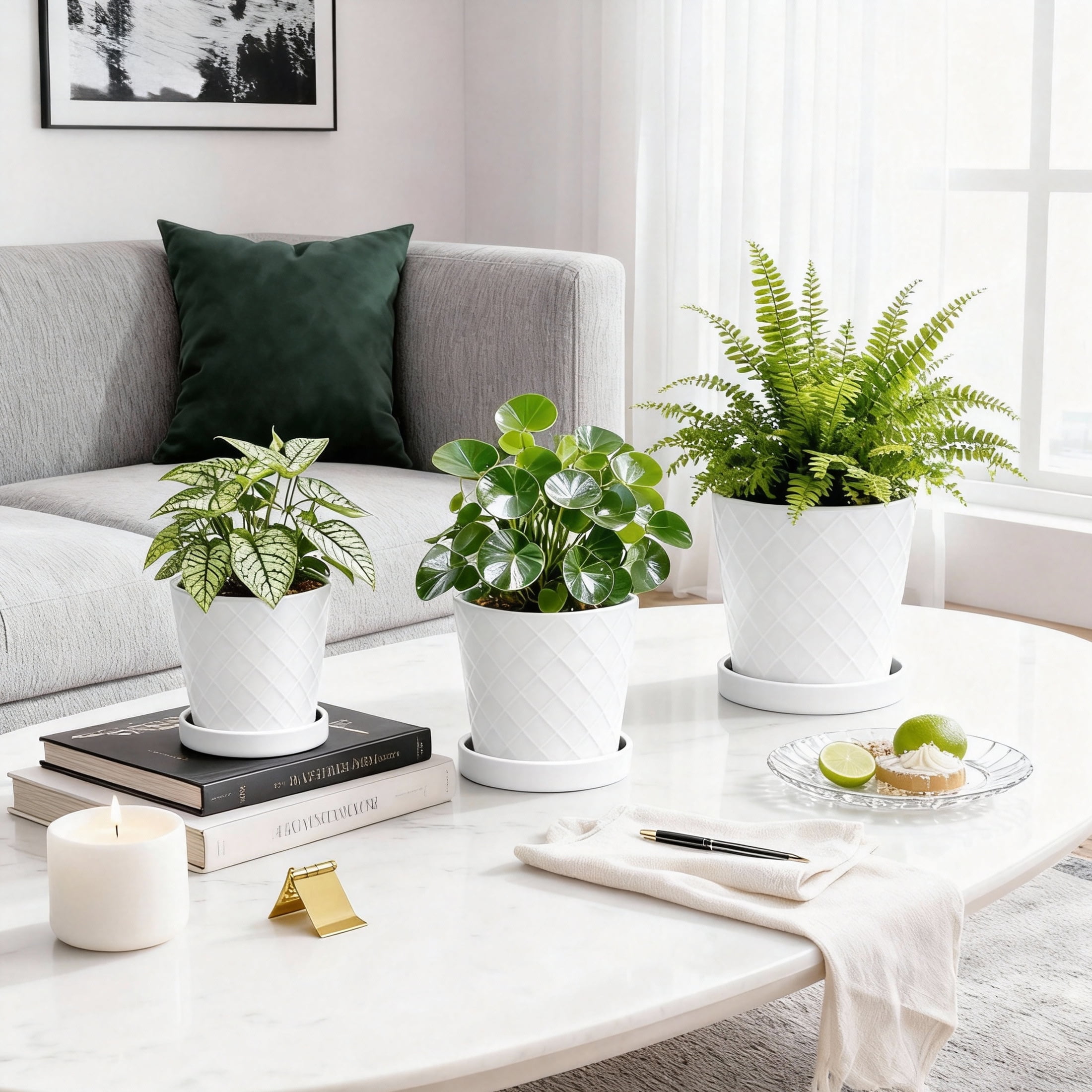 BUYMAX 4",5",6" Dia Planter Set of 3, Modern Style Ceramic Plant Pots with Drainage Hole and Tray for Indoor Outdoor Patio, Crisp Bright White