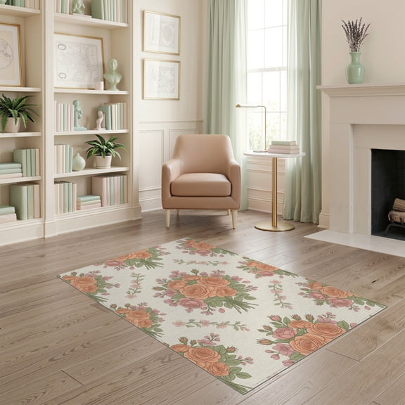 ODIKA 4'x6' Washable Area Rug Cottage Vintage Bouquet With Romantic Spring Petal Border Floral Rose Refined for Bedroom, Reading Nook, Pet Friendly & Non-Shedding