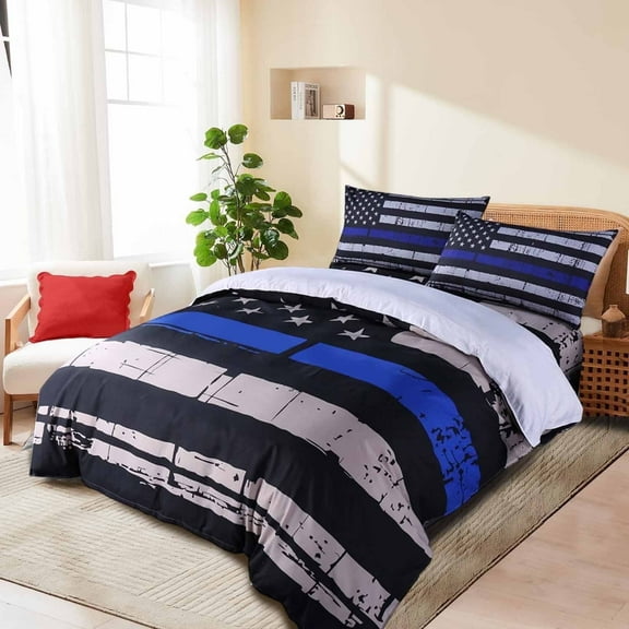 Beartech 3 Pcs American Flag Bedding Set Queen Size Holiday American Flag Duvet Cover American Flag Quilt Cover BLue Black Gray Stripe Independence Day Decor