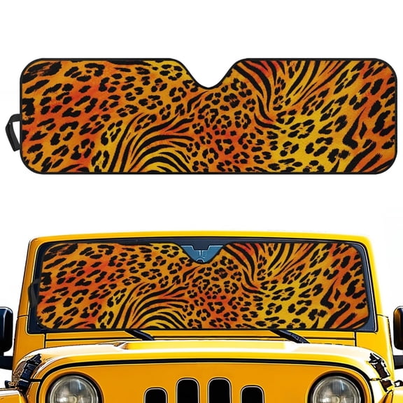 POLERO Orange Leopard Tiger Print Windshield Sun Shade for Car Off-road Vehicle SUV Truck (52.95x16.14 Inches), Sun Shade Windshield, Shades for Windows, Protector Blocks UV, Funny Car Decor