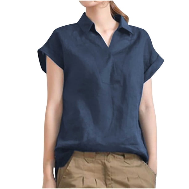 Tops de camisa sólida de manga corta con cuello vuelto a la moda para mujer Fridja ghk7339