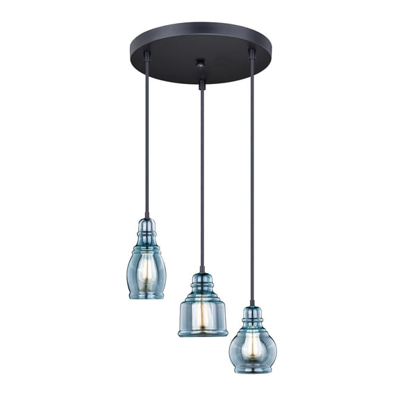 3-Light Pendant Chandelier - Blue Glass Ceiling Light - Bronze Farmhouse Lighting