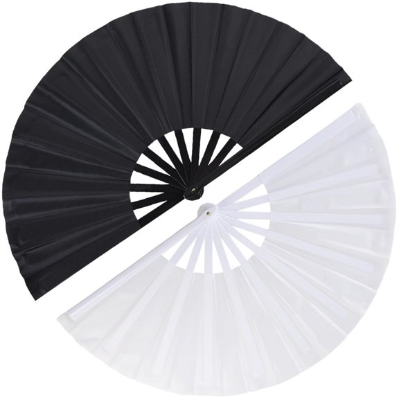 2pcs pack Large Foldable Hand Fan 33cm 13inch 1pcs Black plus 1pcs White Solid Handheld Fan for DIY Painting