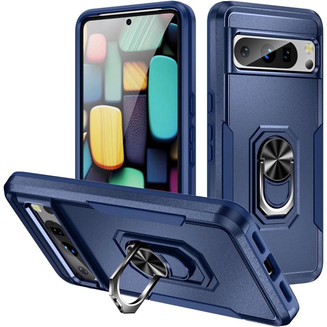 KOMI pour Google Pixel 8 Pro Étui avec Protecteur d'Écran, Béquille Anneau Réglable à 360° Intégrée, Protection Militaire Blindée Antichoc - Bleu
