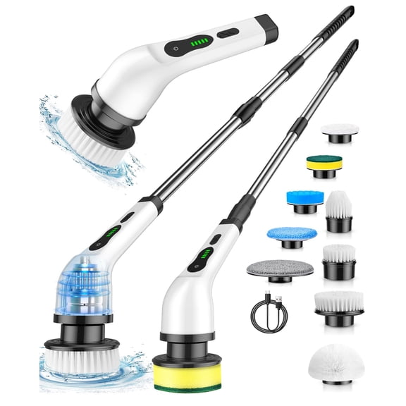 Electric Spin Scrubber, Cordless Power Shower Cleaning Brush with Adjustable Handle, 9 Replaceable Heads, Waterproof for Bathroom, Tub, Tile & Kitchen