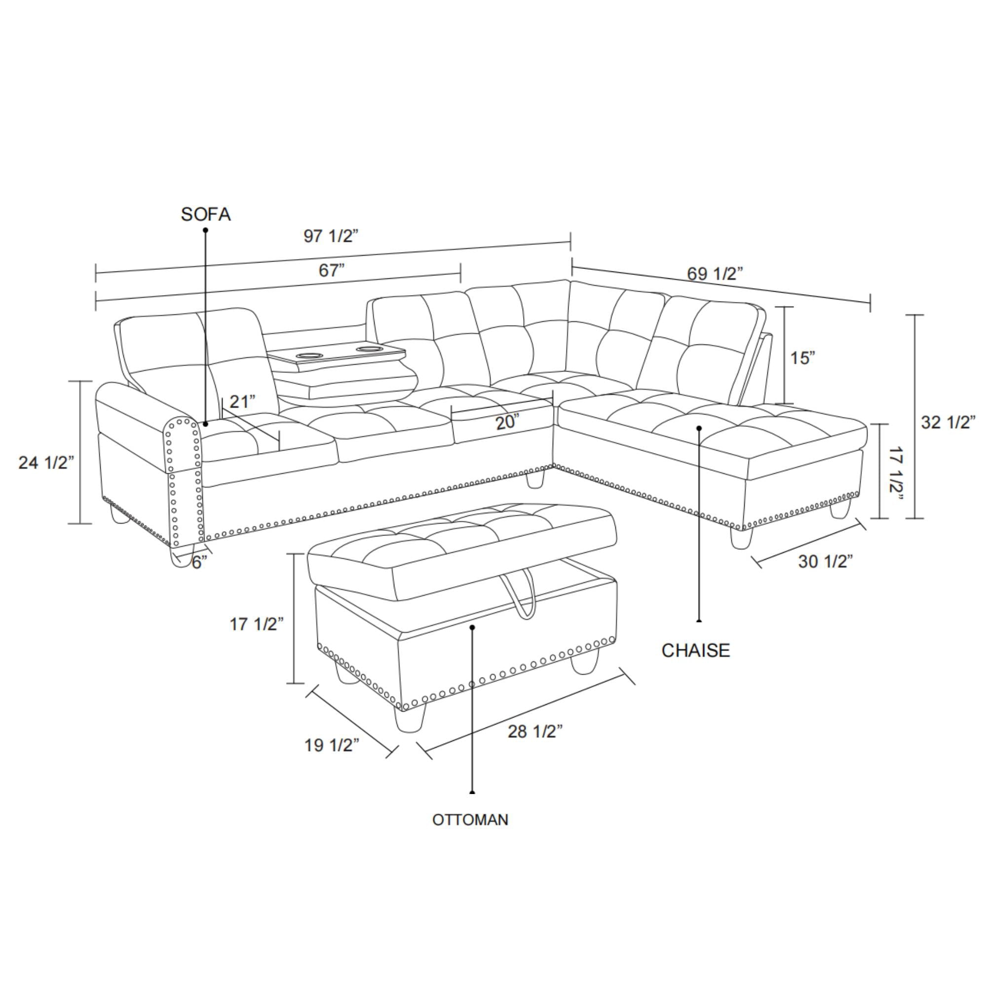 Modern L-Shaped Sectional Sofa Set with Left Chaise & Ottoman - Faux Leather Tufted Modular Couch for Living Room, Brown