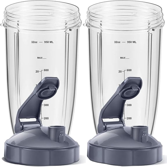 2 Pack 32oz Blender Replacement Cups, 4in Diameter with Flip Top Lids & Rubber Gaskets, Compatible with NutriBullet 600W/900W Series, Replacement Parts, Not Fit Magic Bullet