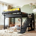 thumbnail image 2 of Leumius Queen Size Loft Bed with Slide, Storage Shelves and Built-in Wardrobe,Metal Loft Bed Frame with USB Ports and LED Lights,Pegboard,Black, 2 of 12