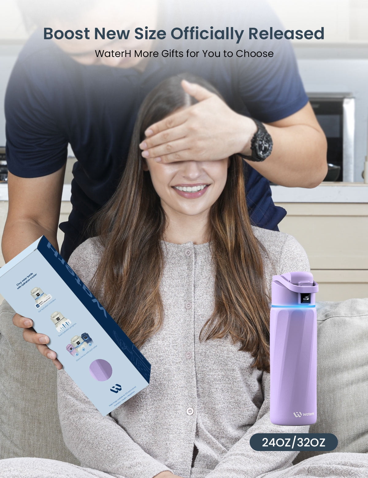 WaterH Boost Smart Water Bottle Reminder to Drink Water, 24oz Bpa-Free Stainless Steel Vacuum Insulated, Wide Mouth with App, for Gift
