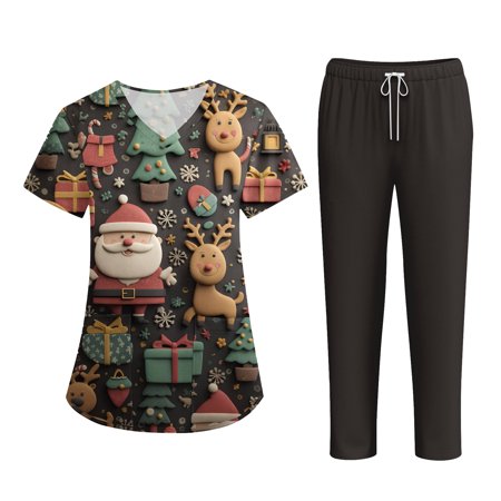 Wutalume Women s Holiday Print Medical Uniform Set Short Sleeve V-Neck Top with Pockets and Pants Nurse Scrub Outfit Black S